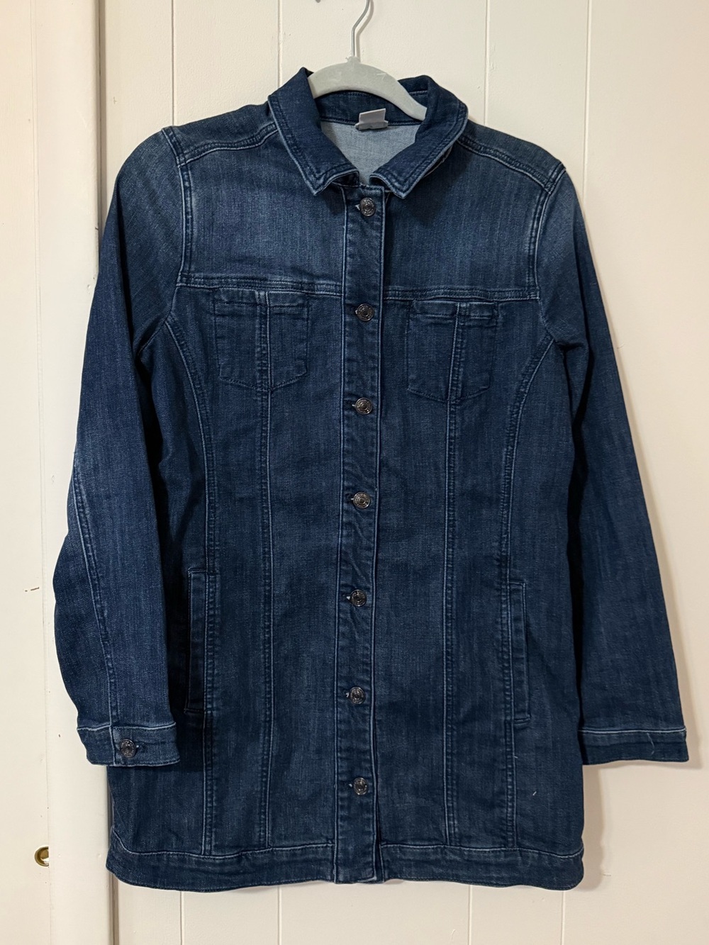 Chico's Dark Indigo Denim Jacket - Long Button Front